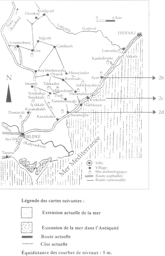 Map of the Silifke region showing ancient sites including Ura-Seleucie, Kizkalesi, Uzuncaburç, and the Göksu river valley in Rough Cilicia