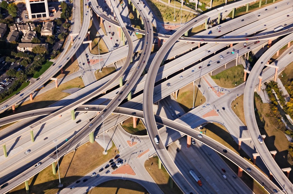 Aerial view of Dallas highway interchange — the city's signature freeway network