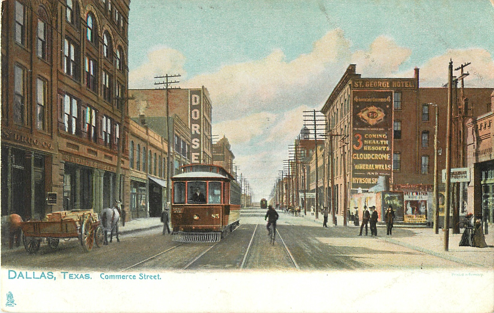 Dallas, Texas — Commerce Street with streetcar, c. 1900. Horse-drawn wagons and early electric trolleys on the city's main commercial thoroughfare.
