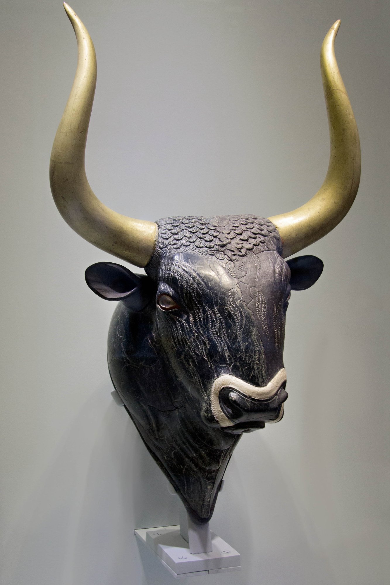 Minoan Bull's-Head Rhyton, black steatite with gilded horns, Knossos, 1600–1450 BCE. Heraklion Archaeological Museum.