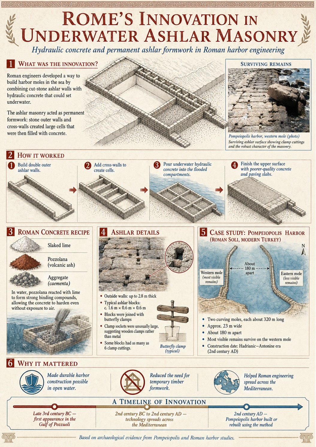 Infographic: Rome's innovation in underwater ashlar masonry — hydraulic concrete, permanent ashlar formwork, construction sequence, Roman concrete recipe, ashlar and butterfly-clamp details, and the Pompeiopolis harbor case study.