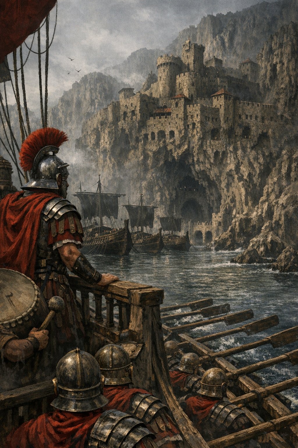 Tarsus Book III — Roman warships approaching a fortress hewn into rocky cliffs