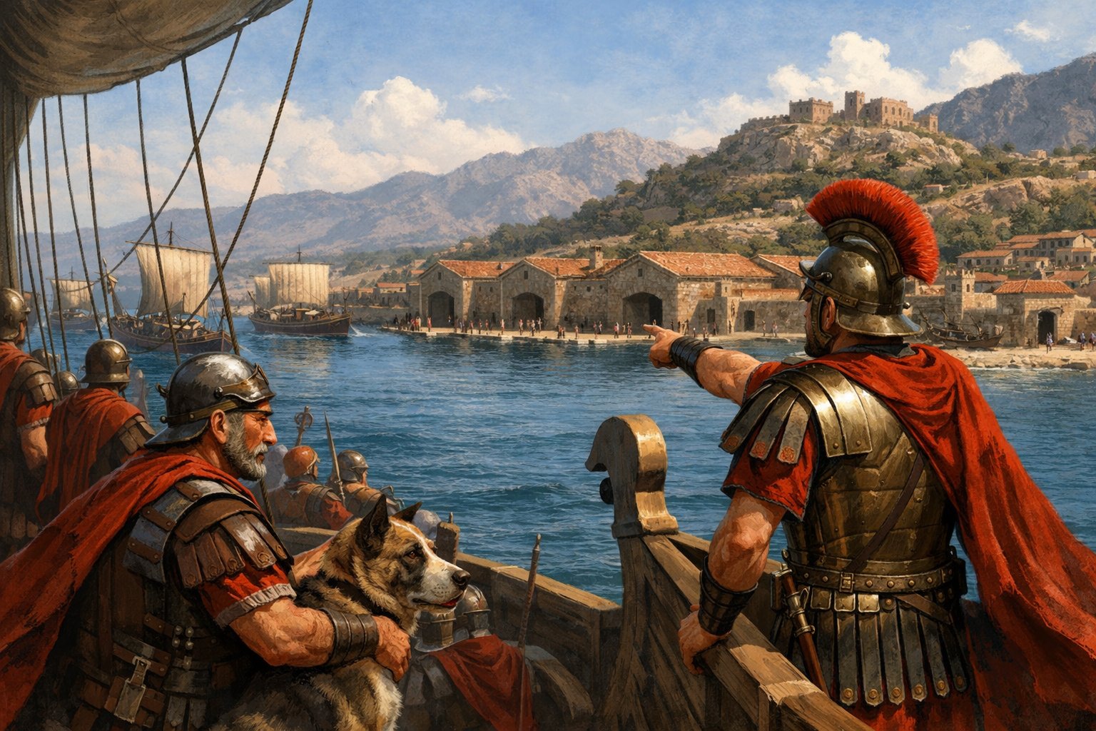 Tarsus Book I — Roman soldiers aboard ship approaching a Mediterranean port