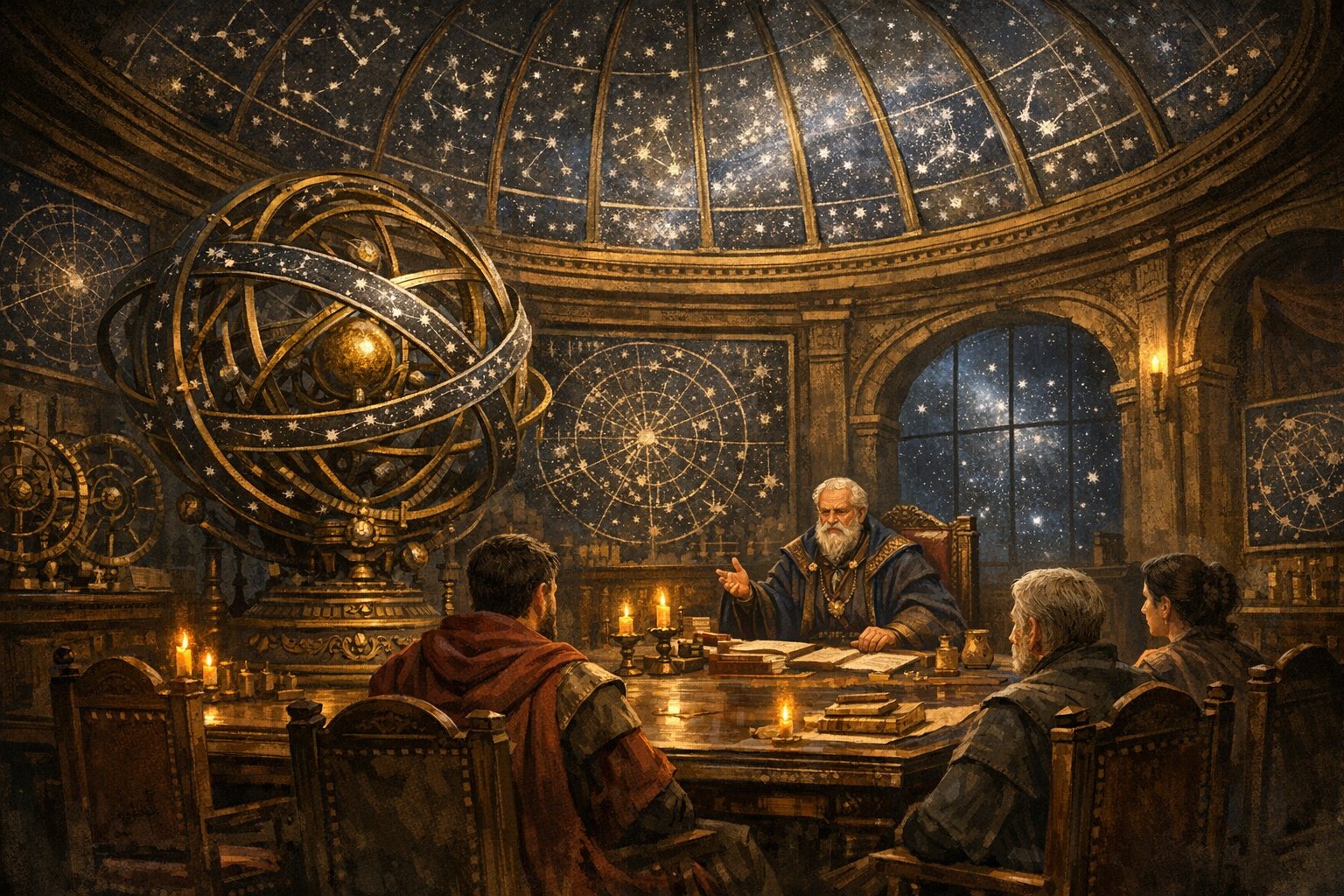 Tarsus Book II — scholars gathered beneath a star-chart dome with an armillary sphere